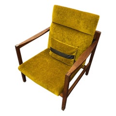 Mid-Century Curated Teak Arm Chair with Holly Hunt Green Gold Velvet Upholstery