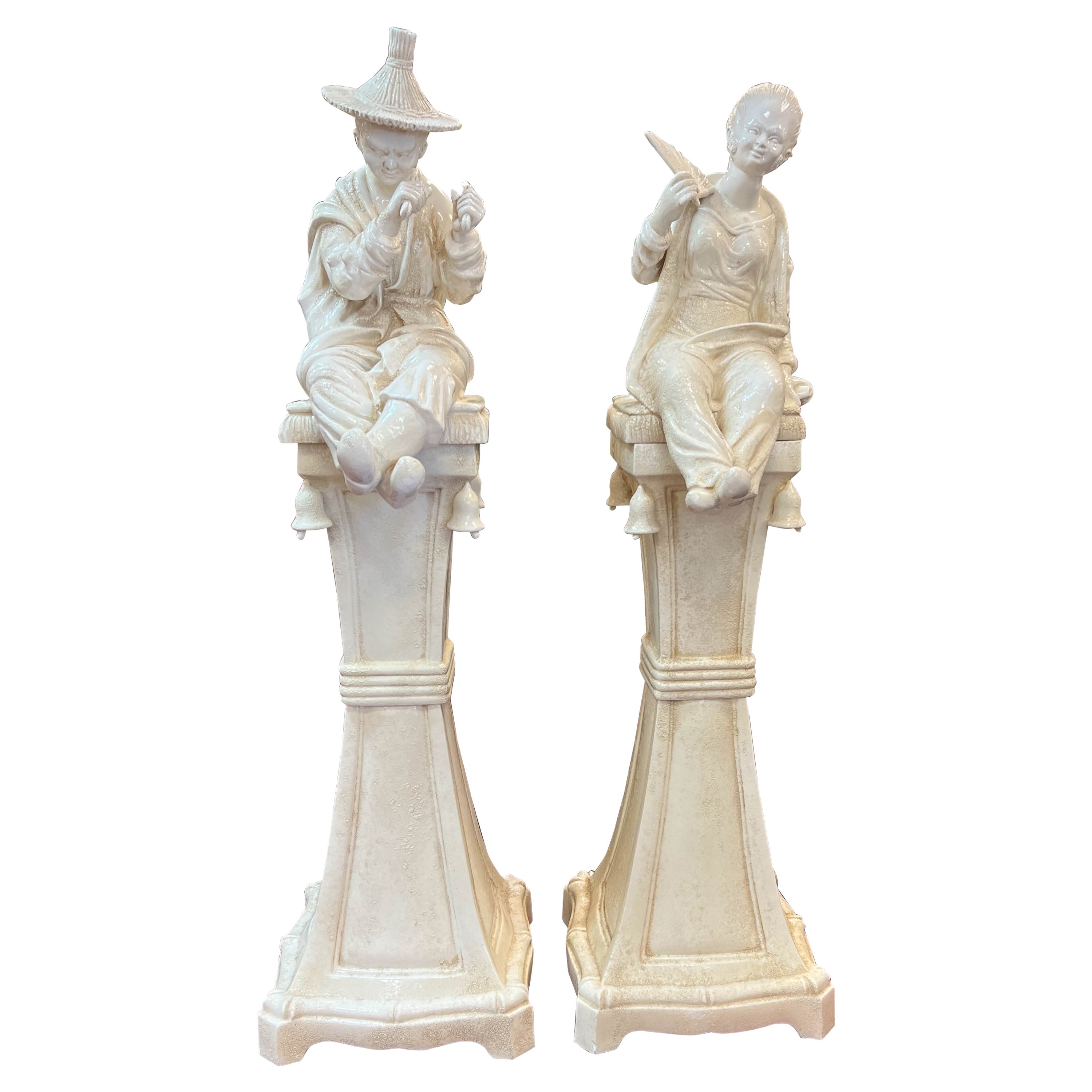 Italian Pair of Chinoiserie Blanc De Chine Figurines on Pedestal