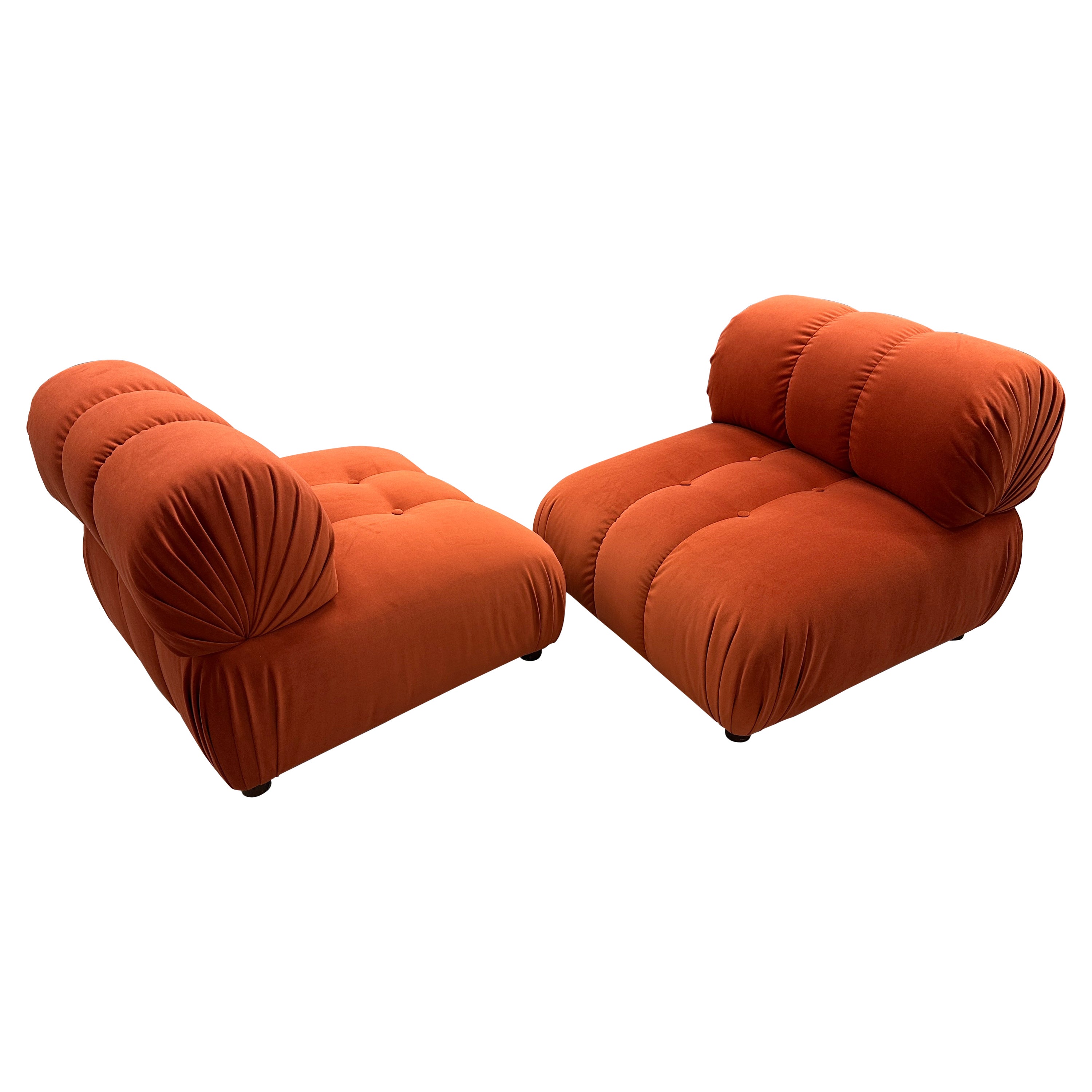 Pair of Reupholstered Orange Velvet Rouched and Tufted Chairs For Sale