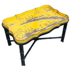 1960s Italian Chinoiserie Tole Tray Table With Black Faux Bamboo Stand 