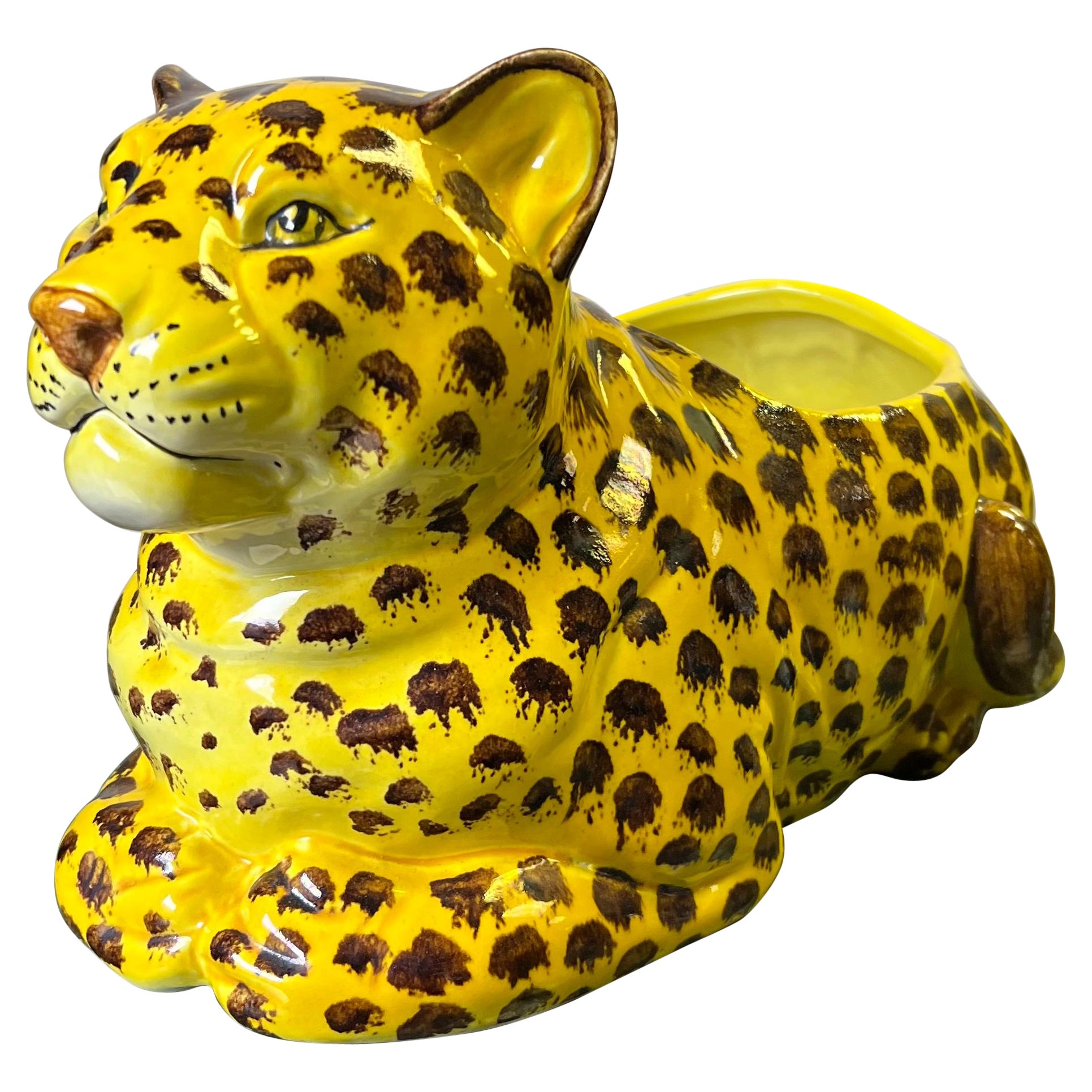 Italian Hollywood Regency Style Ceramic Leopard Planter / Jardinere / Cachepot