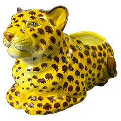 Italian Hollywood Regency Style Ceramic Leopard Planter / Jardinere / Cachepot