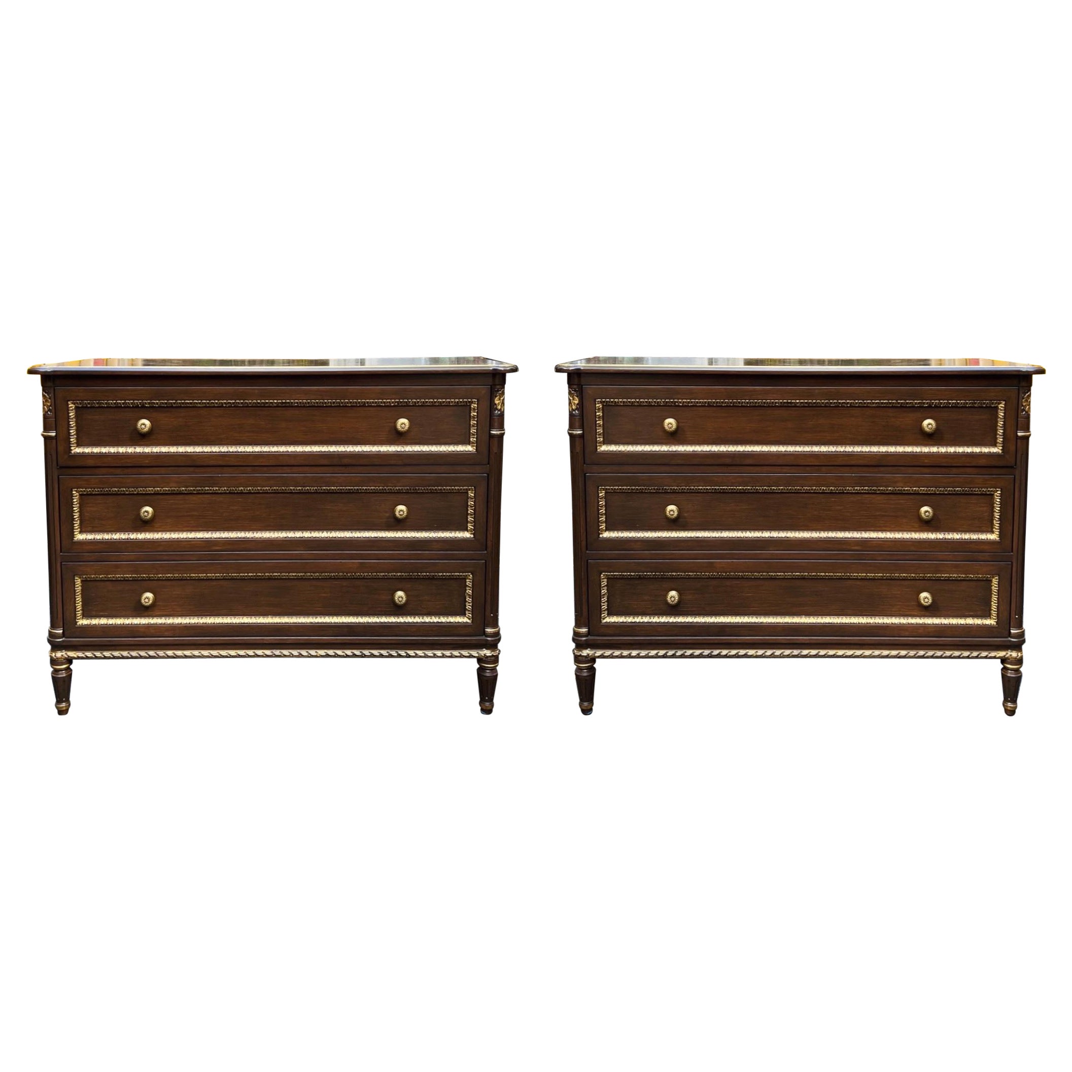 20th-C. French Louis XVI Style Cherry with Gilt Accents Chests / Commodes, Pair