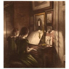 Innenraum von Peter Ilsted, Interieur mit zwei Mädchen am Klavier, Mezzotinto in Farben