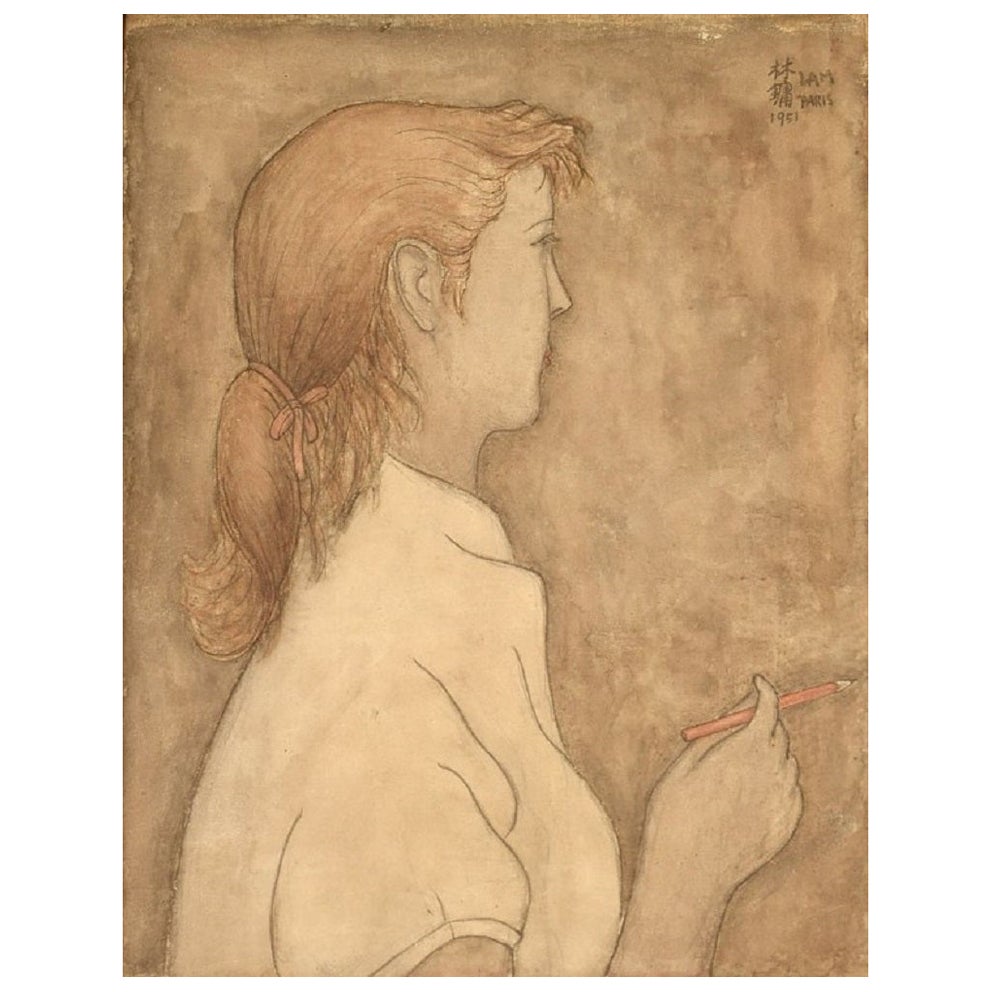 Unknown Artist, Pencil and Watercolor on Cardboard, Portrait of Young Woman For Sale