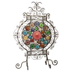 Antique Early 20th C Italian Venetian Wrought Iron and Stained Murano Glass Fire Screen