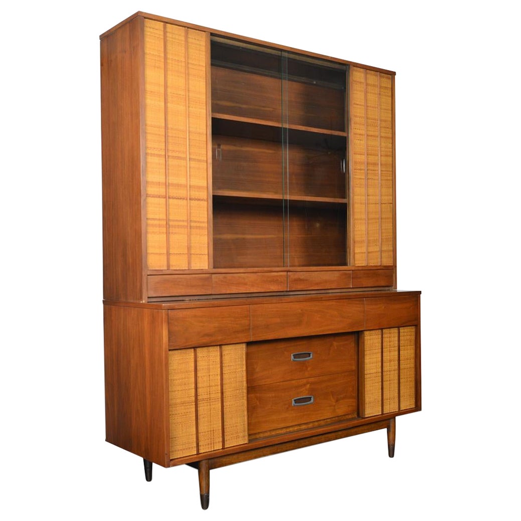 American Mid-Century Modern Walnut and Cane Credenza with Hutch