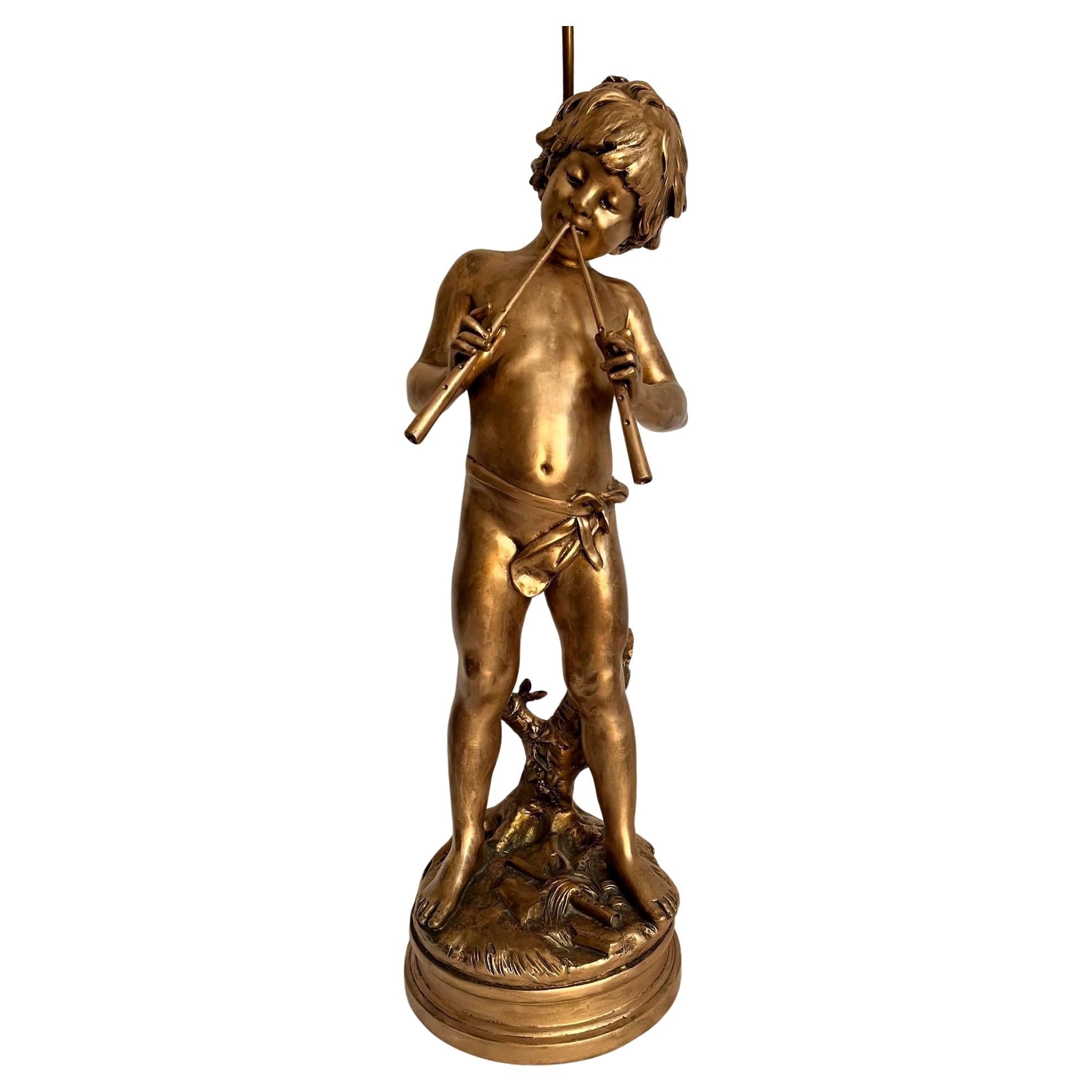 19th Century French Gilt Bronzed Lamp Sculpture “Boy with Flute”, Signed Moreau.