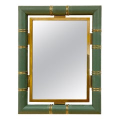 Art Deco Mirror in Brass and Green Leatherette, France, 1950s