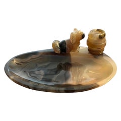 Antique Black Agate Pekingese Dog Mounted Ashtray / Match Strike Faberge Style