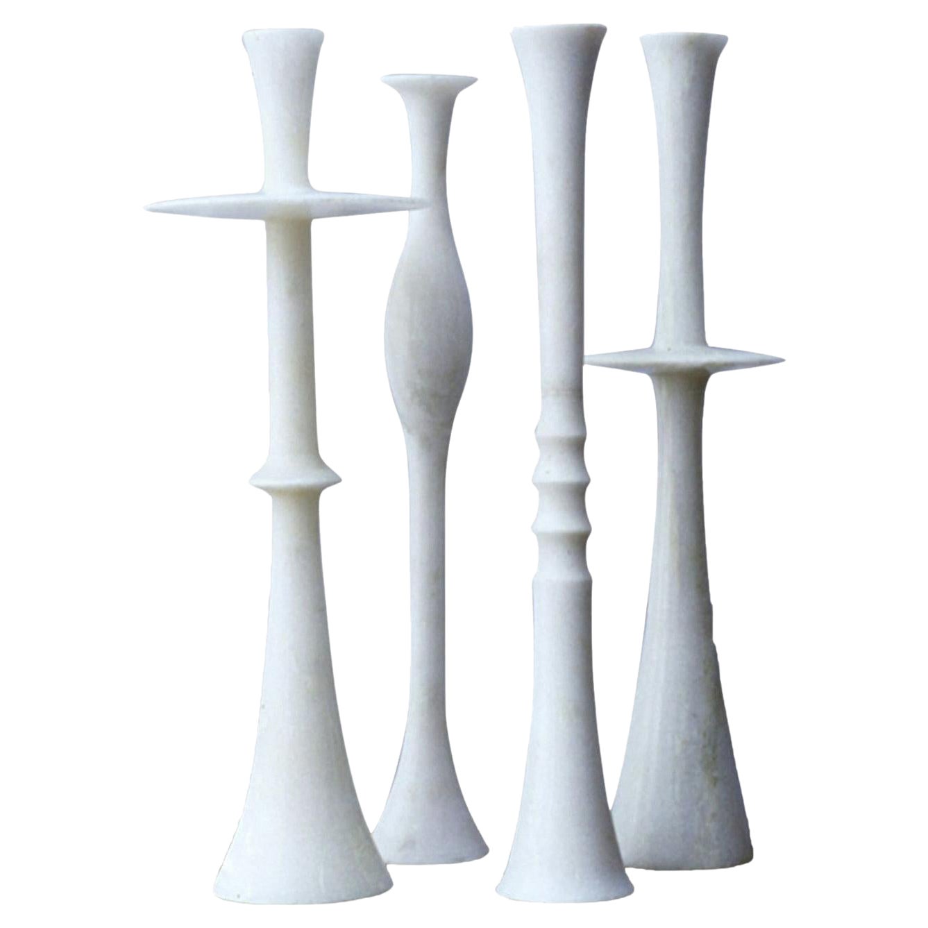 White Candle Holders, Set of Four Marble White Candlestick Holders by P. Mathieu For Sale