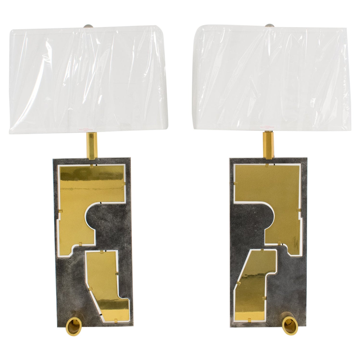 Industrial Brutalist Brass and Steel Table Lamps, a pair, France 1980s