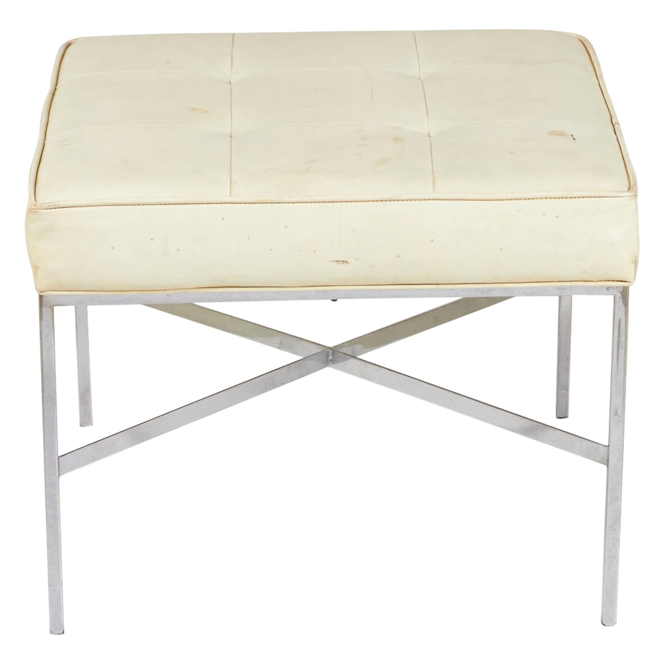 Design Institute of Chrome and Button Tufted White Vinyl Square Bench For Sale