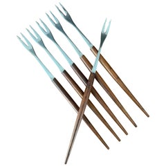 Set of Six MCM Walnut & Stainless Steel Fondue Forks by Rostfrei of Germany