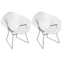 Pair of Chrome Bertoia Diamond Chairs with Knoll Leather Cushions--1950s USA