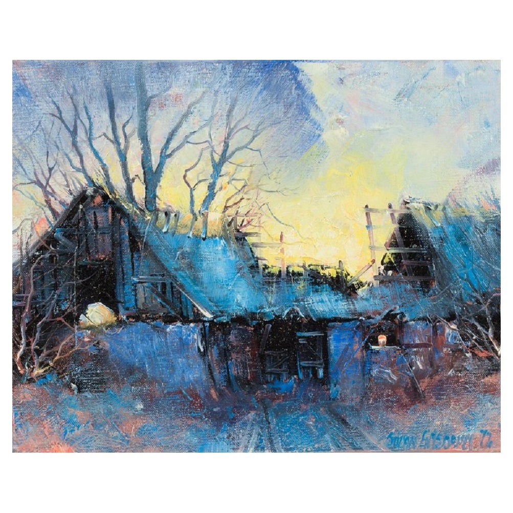 Søren Edsberg, Denmark, Oil on Canvas, Farm at Sunset For Sale