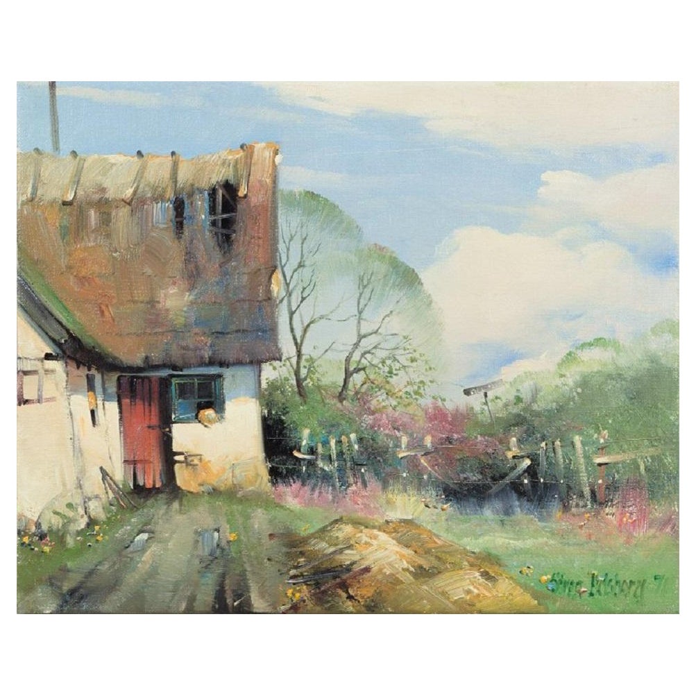 Søren Edsberg (b. 1945), Denmark. Oil on canvas. Summer landscape with a farm. For Sale