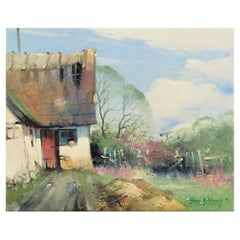 Søren Edsberg (b. 1945), Denmark. Oil on canvas. Summer landscape with a farm.