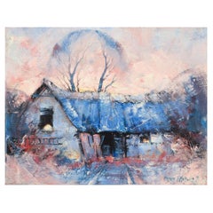 Søren Edsberg (né en 1945), Danemark. Huile sur toile, 1971. Ferme au coucher du soleil.