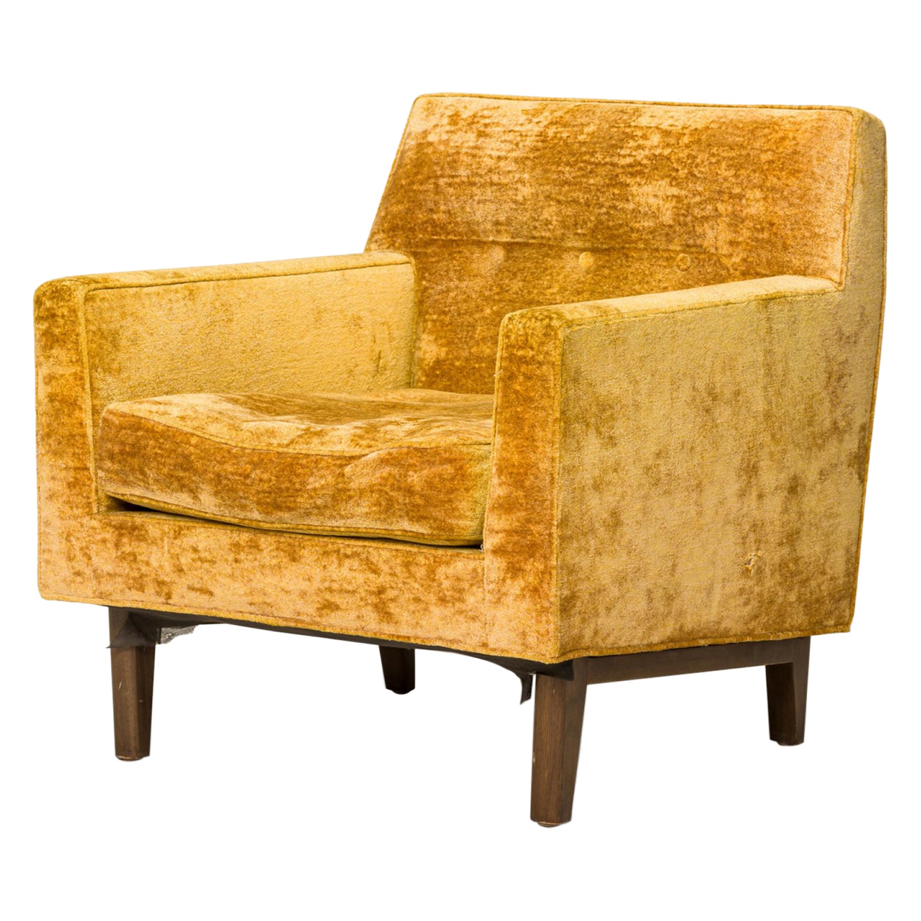 Edward J Wormley for Dunbar Crushed Gold Velour and Walnut Lounge Armchair For Sale