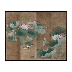 Hand-Painted Japanese Folding Screen Byobu of Lotus Pond and Mandarin Ducks
