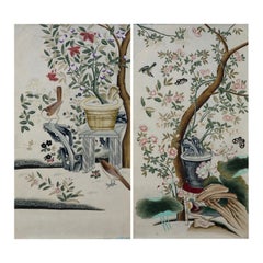 Pair Chinoiserie Hand Painted Wallpaper Panels of Birds in a Garden Setting