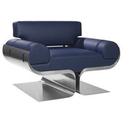 Contemporary Brushed Steel and blue leather Arès Armchair by Roches & Frères