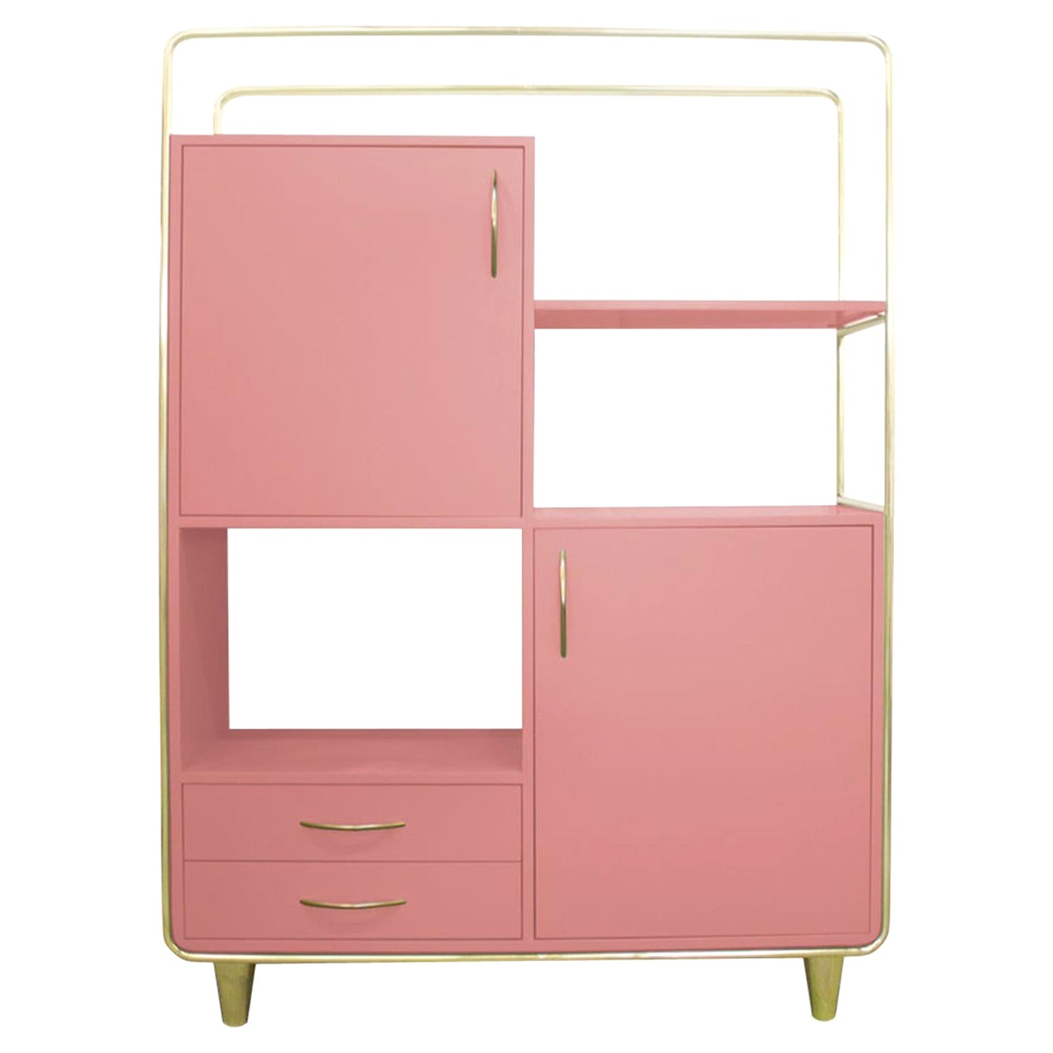 Modern Bauhaus Style Pink & Brass Budapest Cabinet Handcrafted and Customizable For Sale