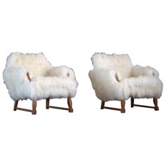 Pair of Danish Mid-Century Modern Lounge Chairs in Lambswool from Tibet, 1950s