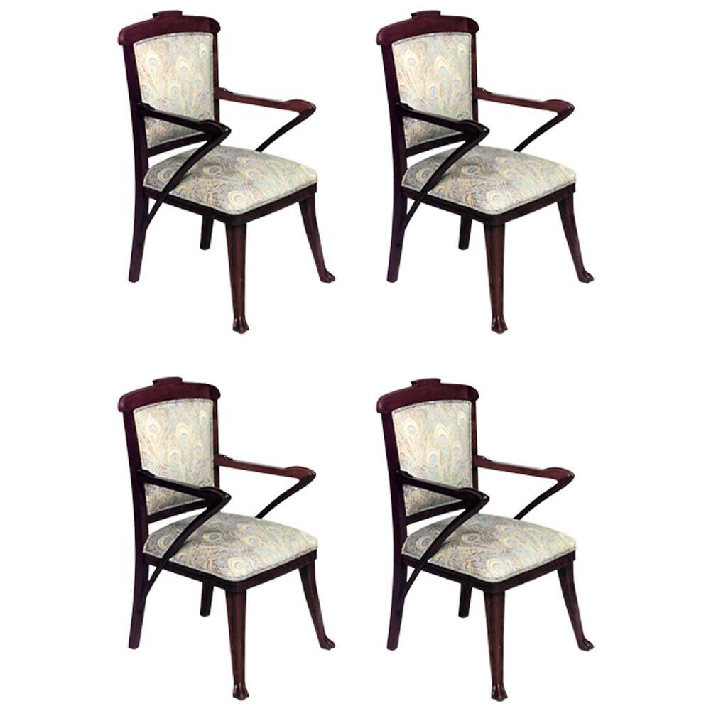 Set of 4 French Art Nouveau Walnut and Upholstery Armchairs For Sale