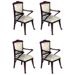 Set of 4 French Art Nouveau Walnut and Upholstery Armchairs