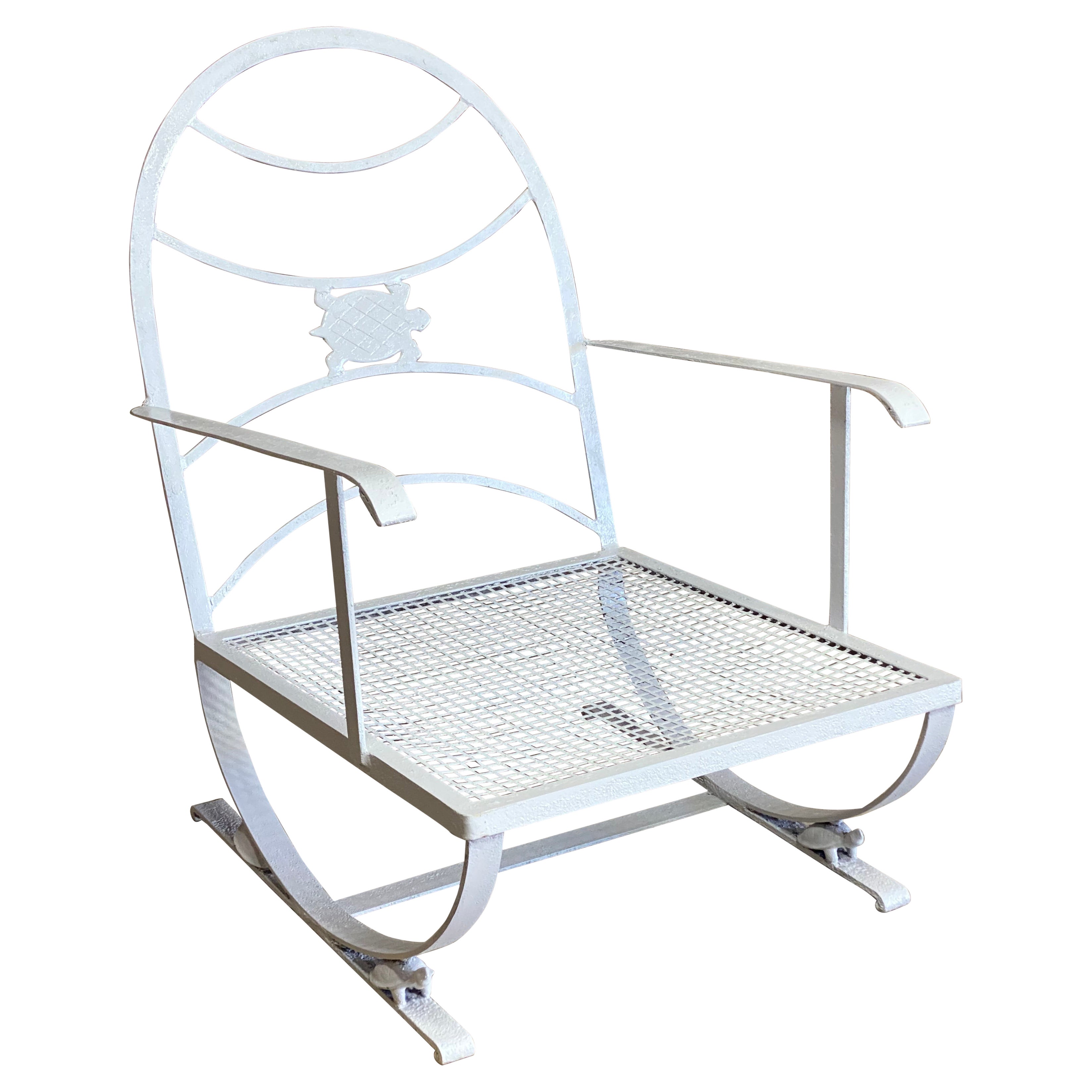 Antique Art Deco Green Distress Paint Steel Metal Outdoor Lounge Chair, a Pair For Sale at 1stDibs