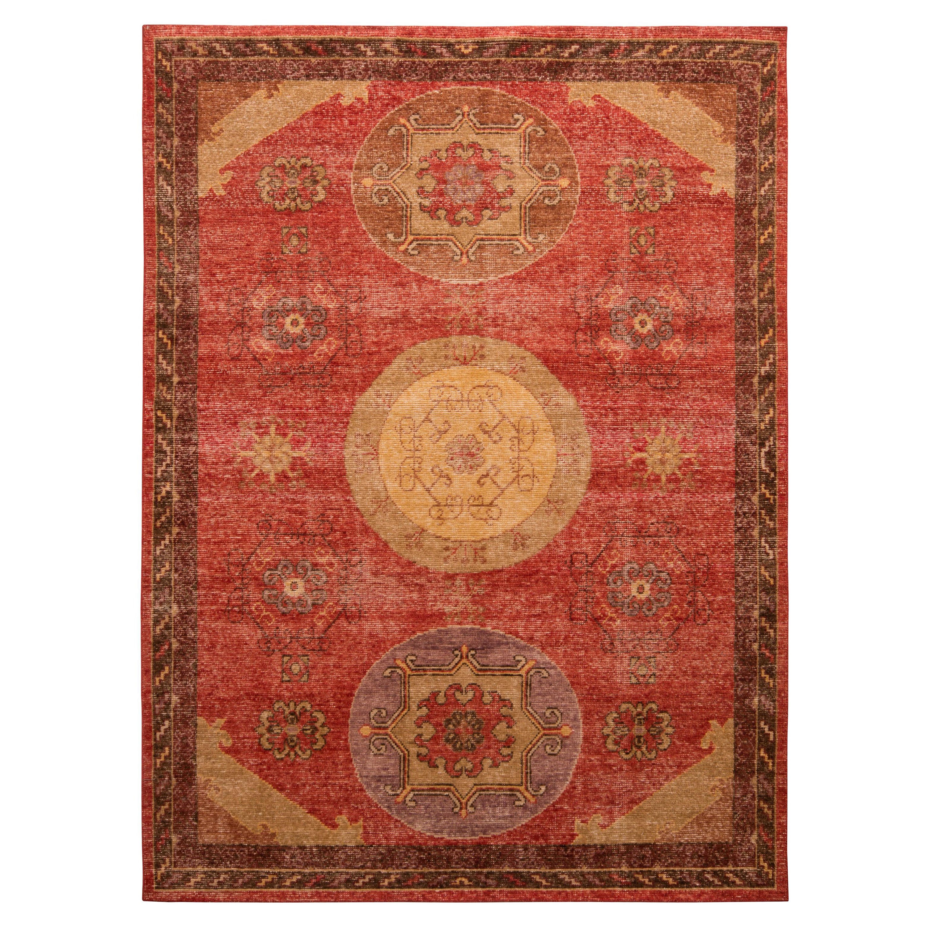 Rug & Kilim's Khotan Style Rug Distressed Red Beige Medallion Pattern For Sale