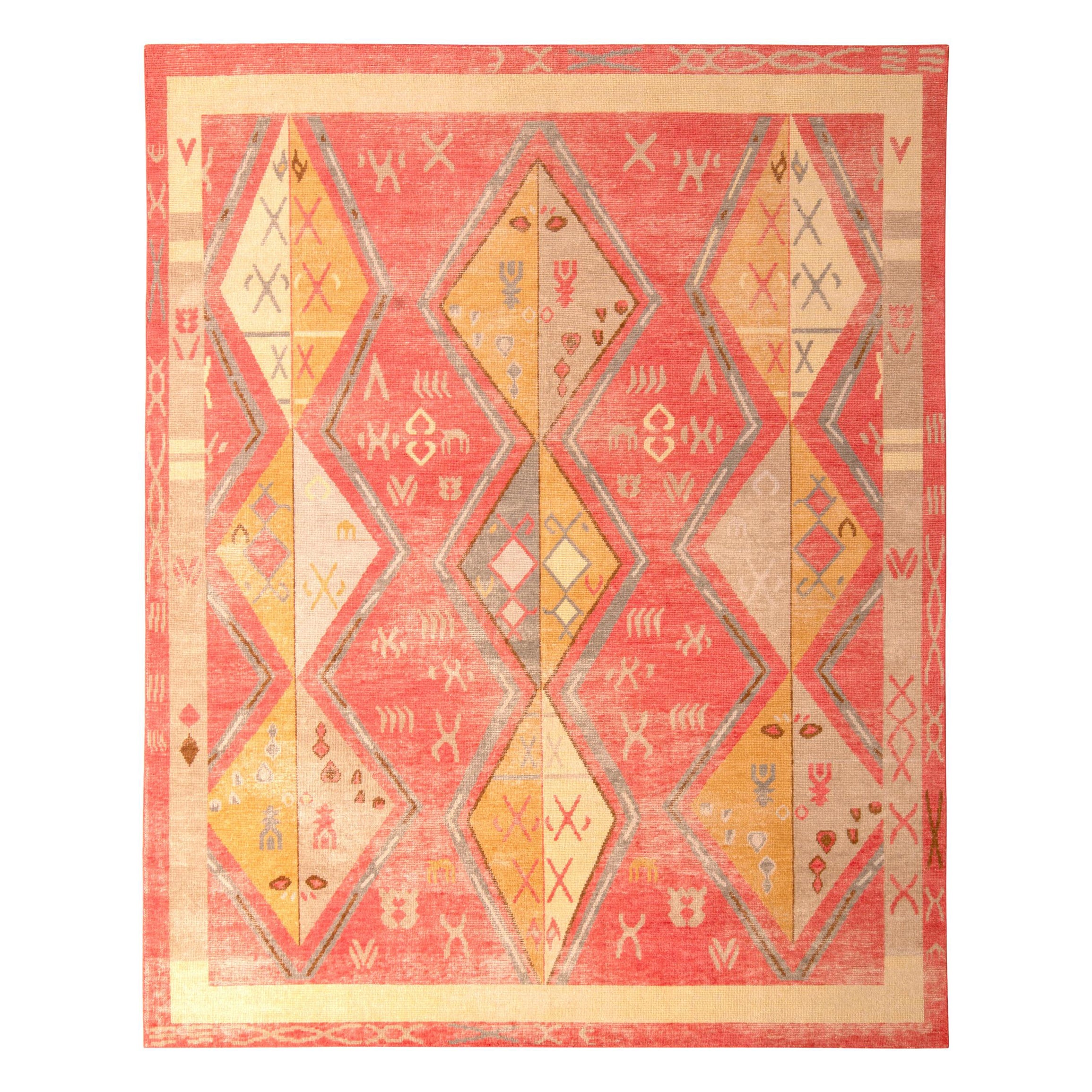 Rug & Kilim's Hand-Knotted Tribal-Style Rug, Red and Gold Diamond Pattern For Sale