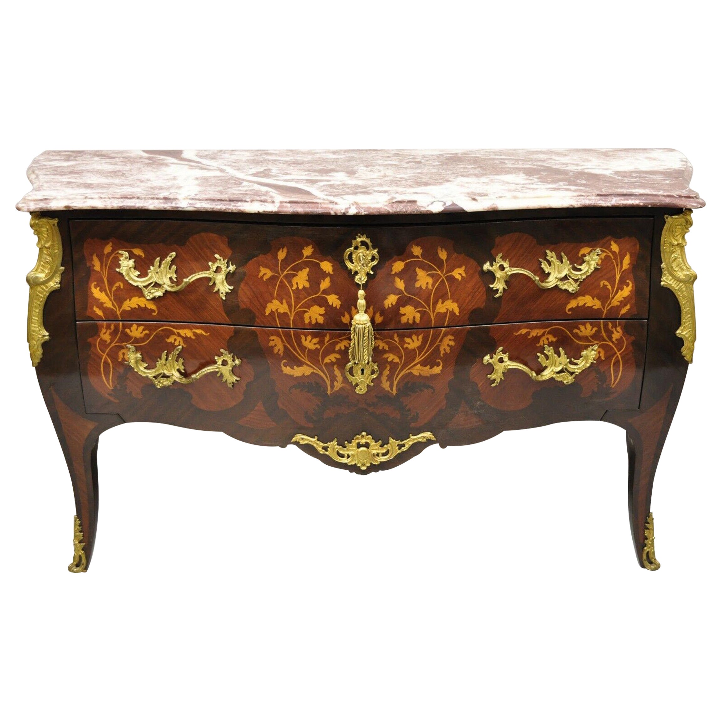 French Louis XV Style Marble Top Bombe Commode Dresser Bronze Ormolu For Sale