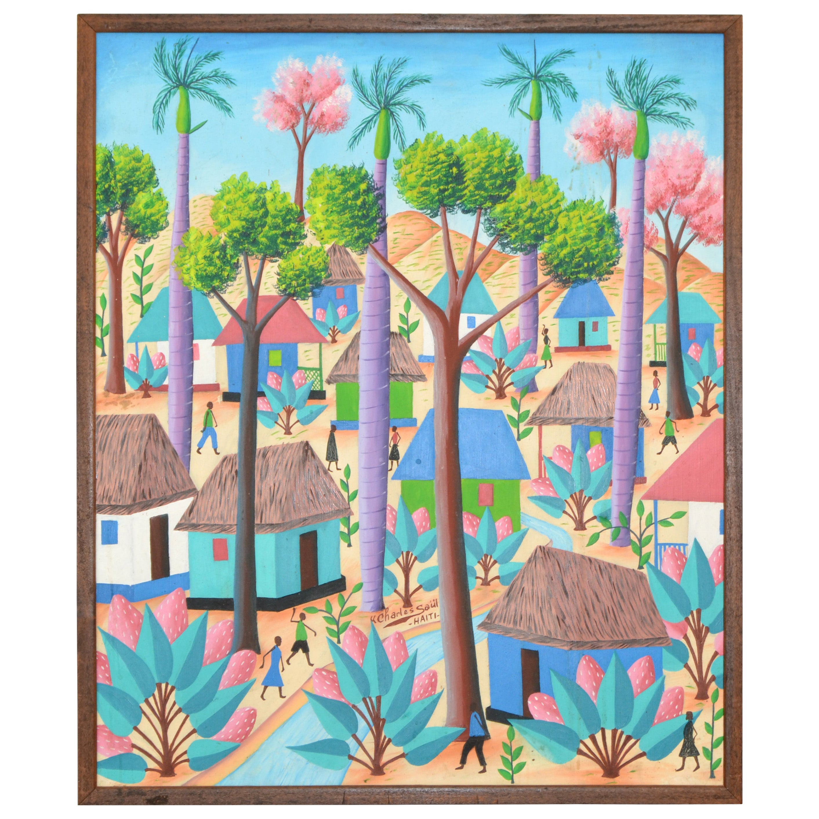 Charles Saül Scène de village haïtien vintage encadrée Peinture acrylique sur toile en vente