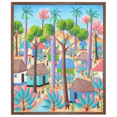 Charles Saül Framed Haitian Vintage Village Scene Acrylic on Canvas Painting
