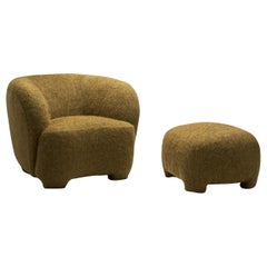Mid-Century Modern Fully Upholstered Lounge Chair and Ottoman, Denmark 1950s