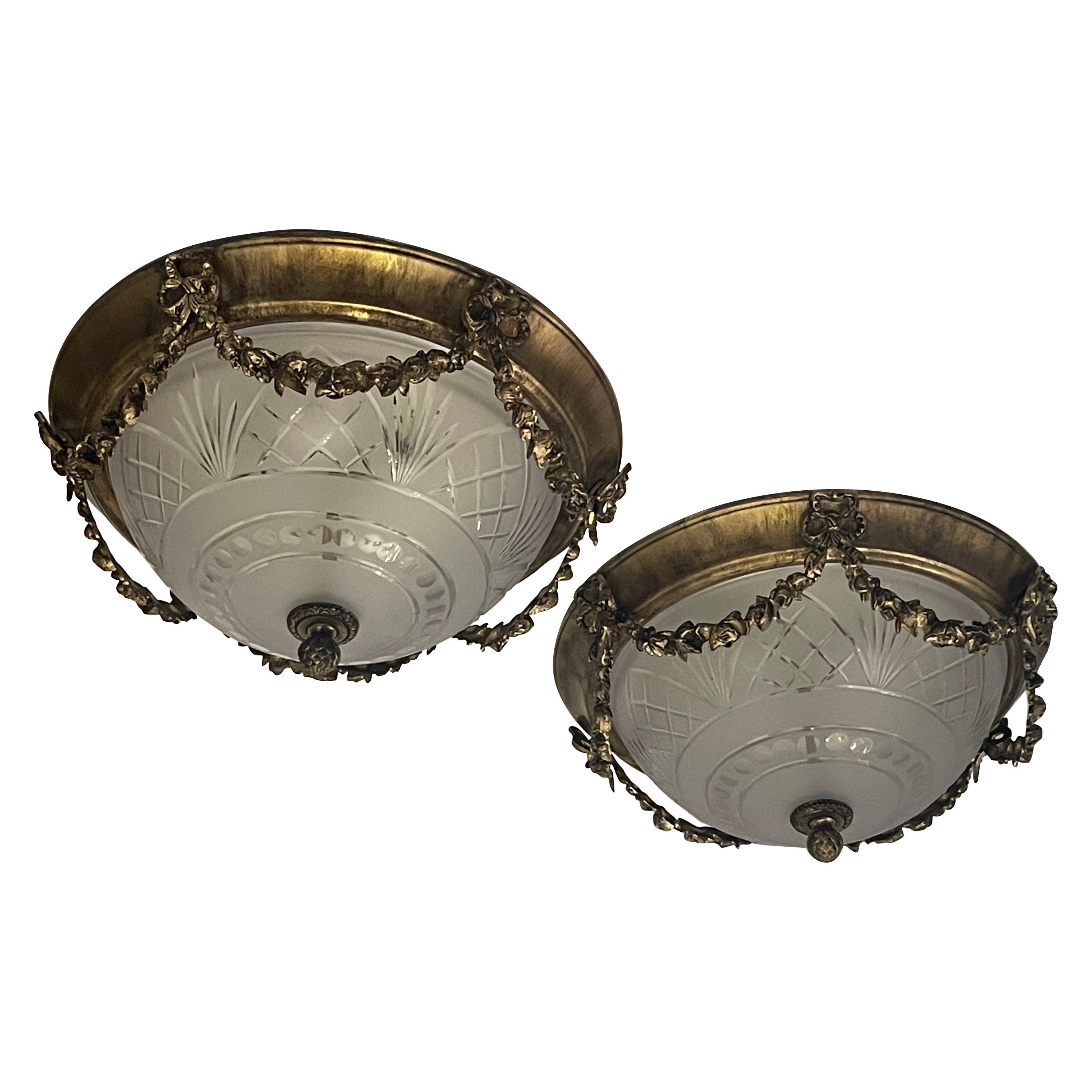 Wonderful Pair French Etched Glass Ormolu Garland Swag Bows Flush Mount Fixtures For Sale