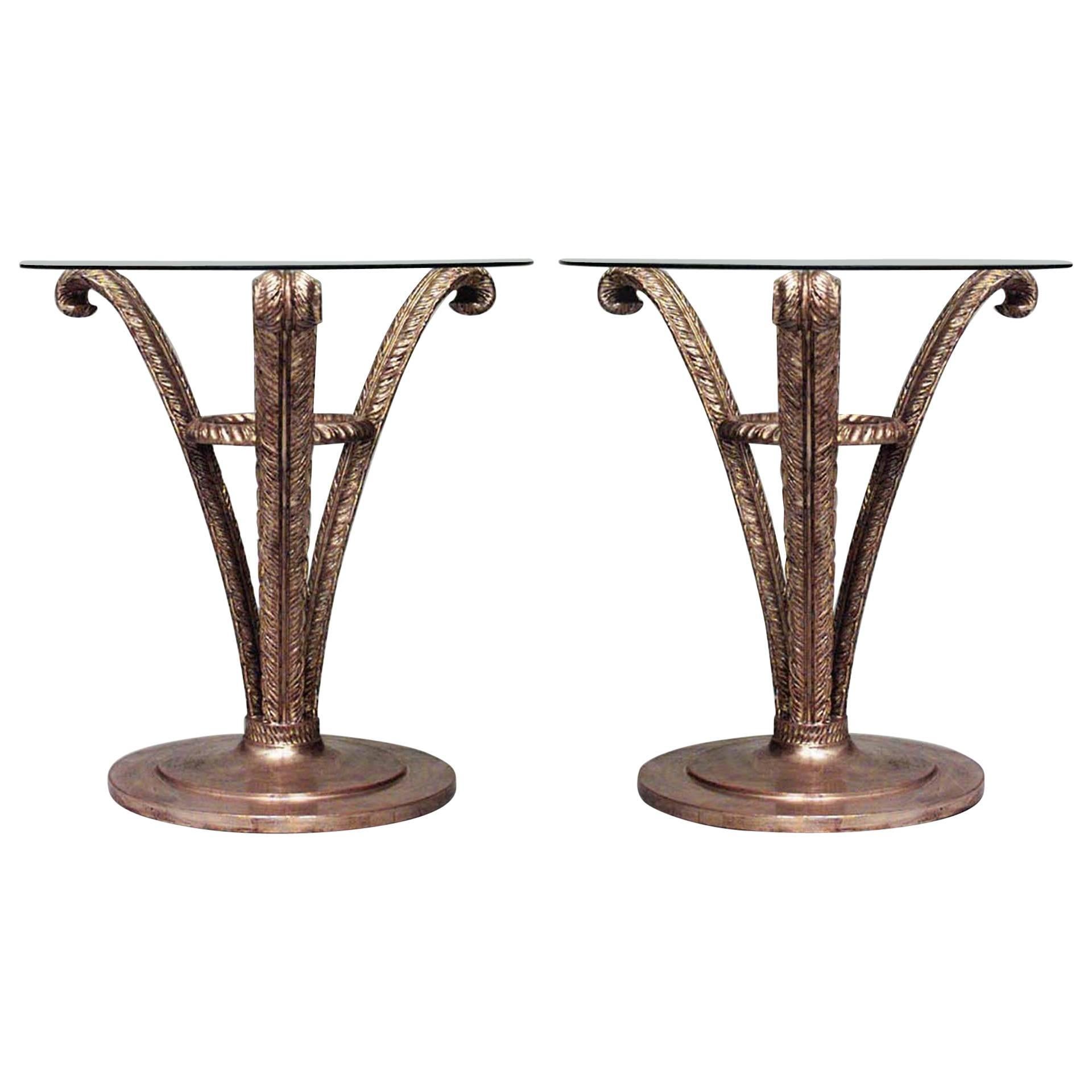 Pair of French Mid-Century Gilt Triple Plume End Tables For Sale