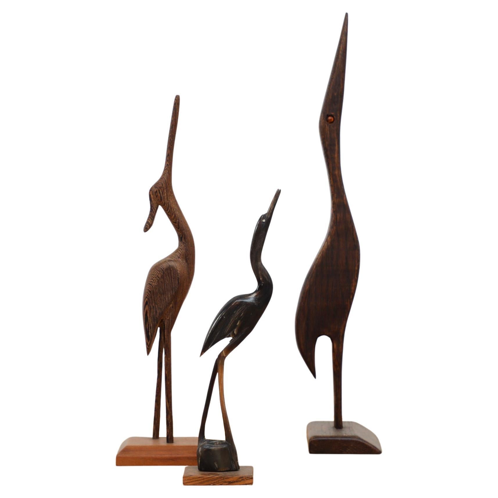 Set of 3 Elegant Mid-Century Carved Oak, Wenge, and Teak Wooden Storks For Sale