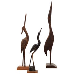 Set of Three Elegant Mid-Century Hand Carved Oak, Wenge, and Horn Storks