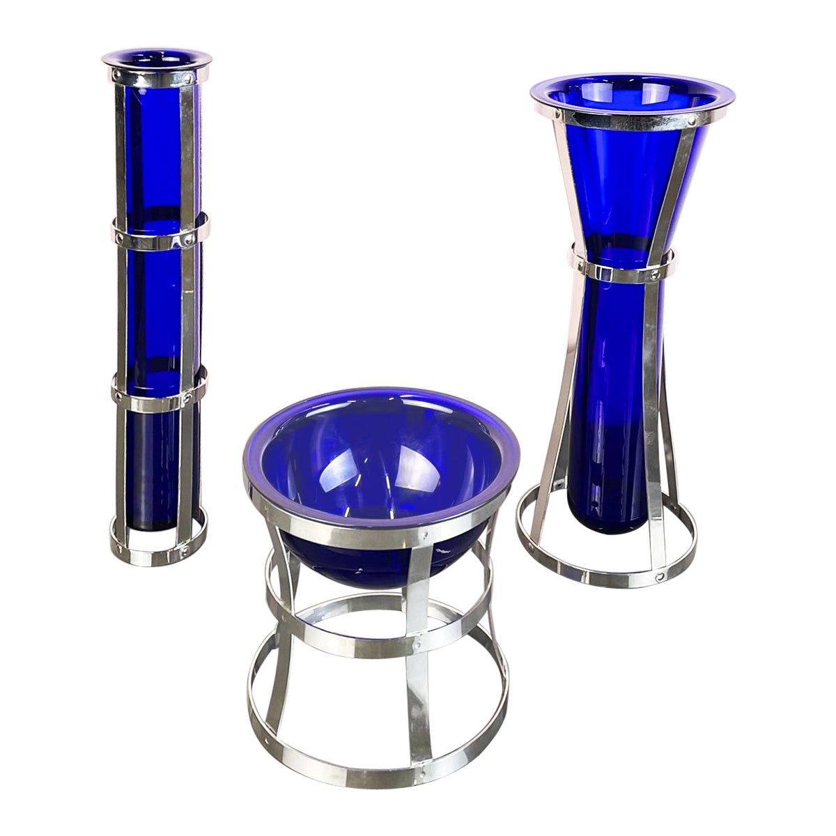 Italian Postmodern Blue Murano glass and metal Vases Umeda by Cleto Munari, 2000