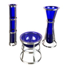 Vases italiens postmodernes en verre de Murano bleu et métal Umeda de Cleto Munari, 2000