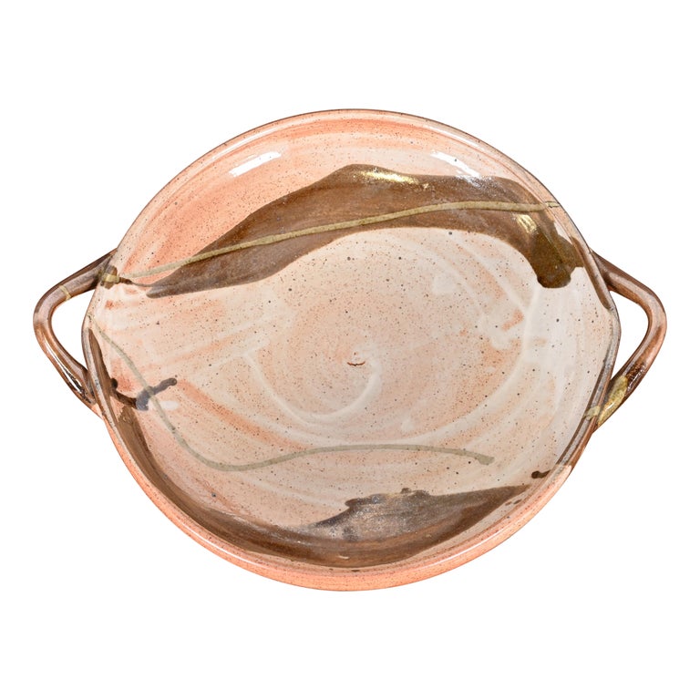 Large Painted Glazed Ceramic Studio Pottery Bowl With Handles For Sale