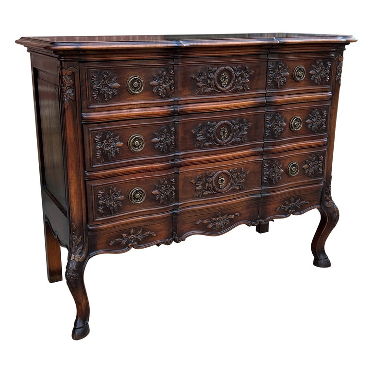 Antique French Chest of Drawers 3Drawer Carved Walnut w Keys c.1920s For Sale at 1stDibs