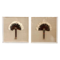 Vintage Native American Feather and Woven Fans Mounted in Lucite, a Pair