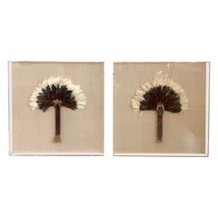 Retro Native American Feather and Woven Fans Mounted in Lucite, a Pair