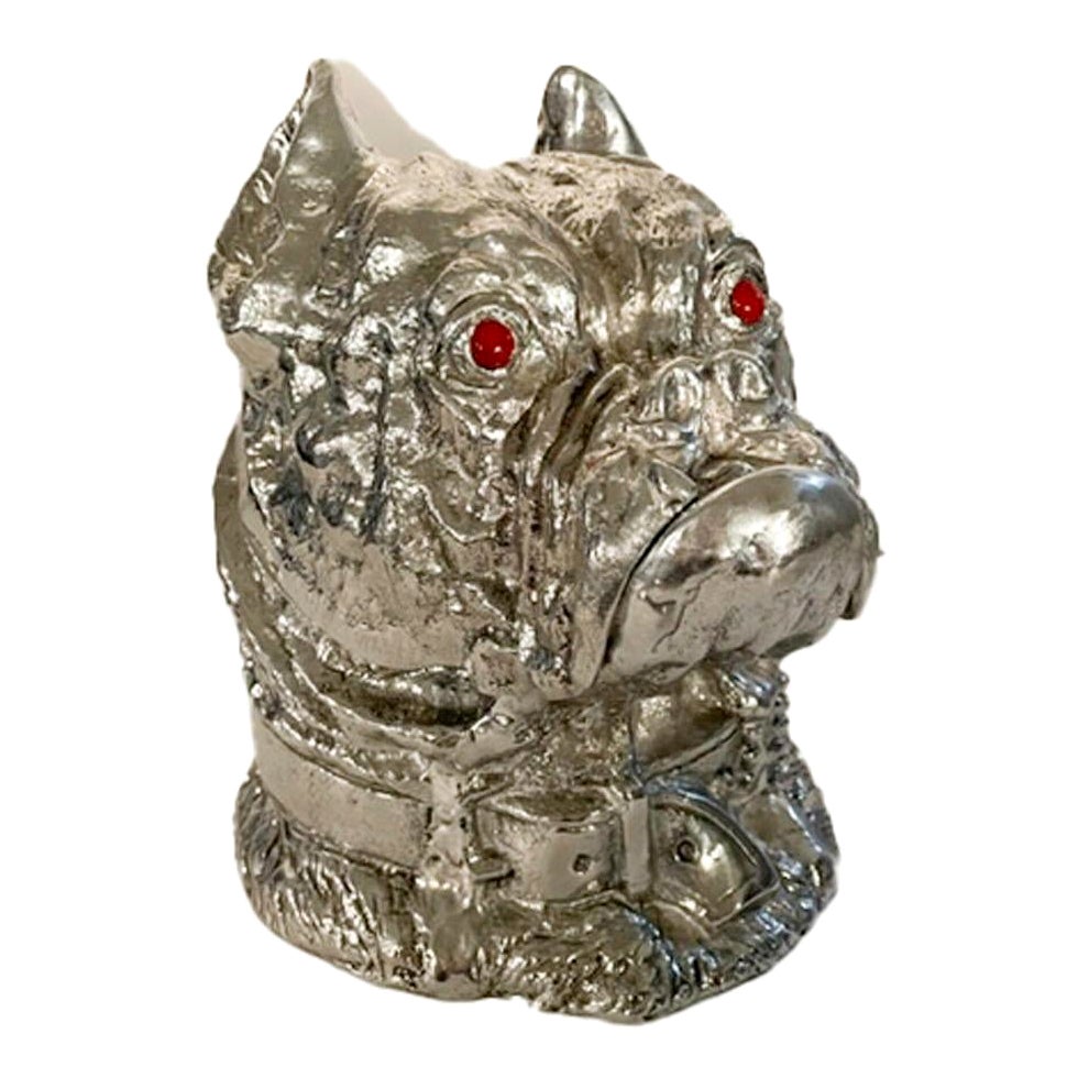 Arthur Court Cast Aluminum Bulldog Ice Bucket with Red Glass Eyes For Sale