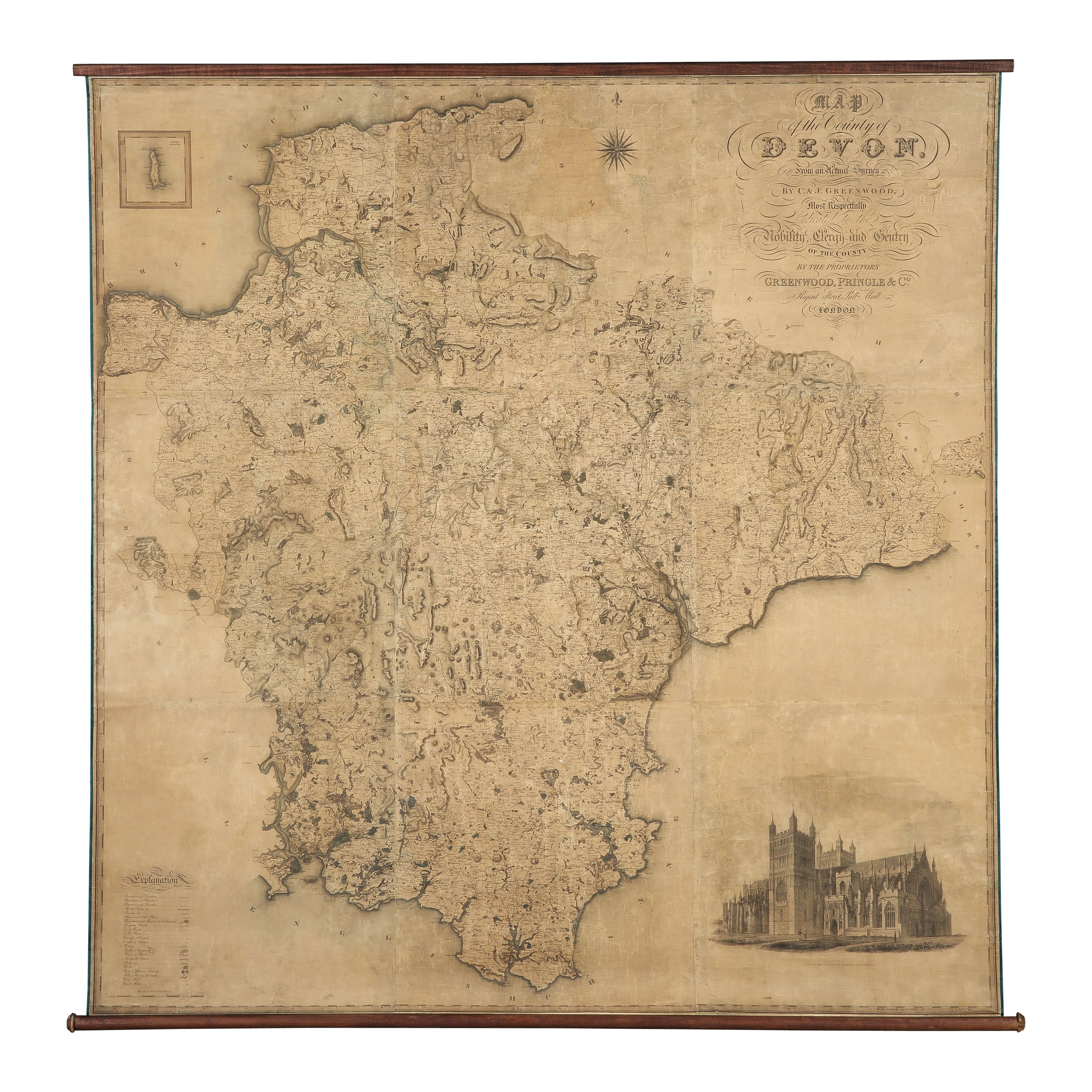 Map Hanging Wall County of Devon C&J Greenwood 1827 Exeter Cathedral Lundy Isle For Sale